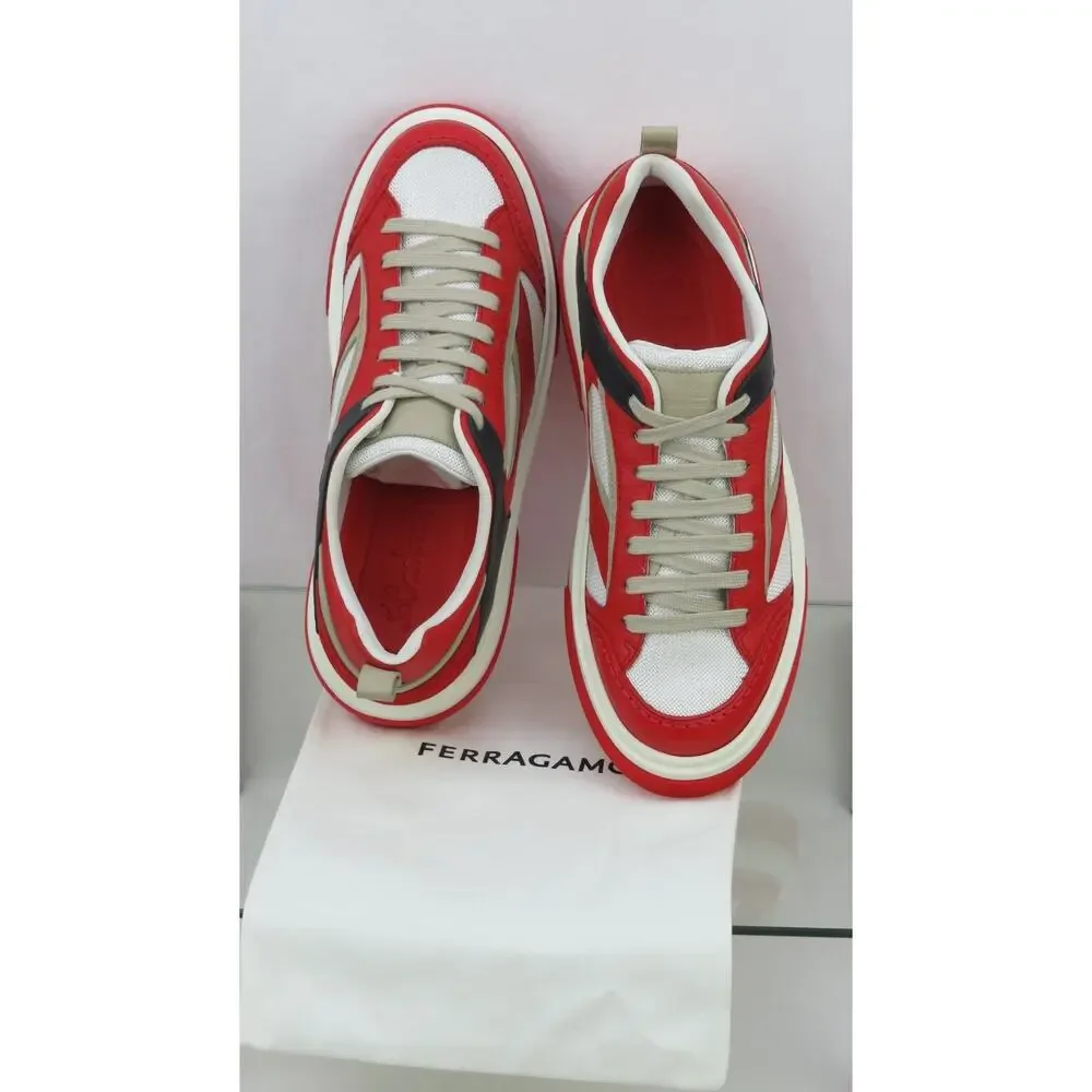 NIB FERRAGAMO CASSINA RED BLACK LEATHER LOGO LACE UP SNEAKERS 12 M ITALY - Picture 8 of 13
